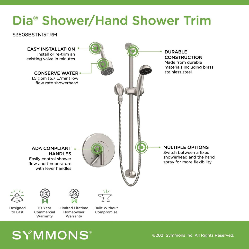 Dia Shower Faucet Trim Kit Wall Mounted with Single Handle and Hand Spray 1.5 GPM (Valve not Included), Satin Nickel S3508BSTN15TRM