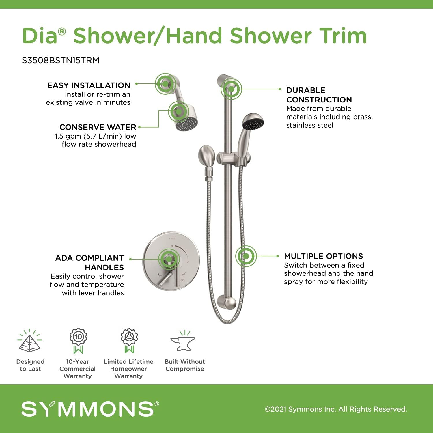 Dia Shower Faucet Trim Kit Wall Mounted with Single Handle and Hand Spray 1.5 GPM (Valve not Included), Satin Nickel S3508BSTN15TRM