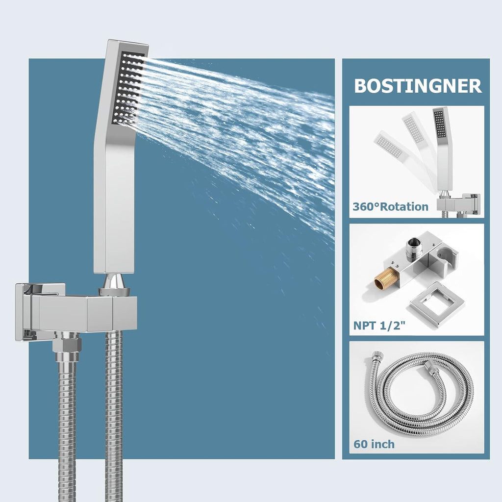 Shower System with Body Jets, Bostingner Shower Faucet Set 12' Rain Shower Head with Handheld Spray, Can Use at Same Time, 3 Way Push Button Diverter Shower Set Complete, Brushed Nickel