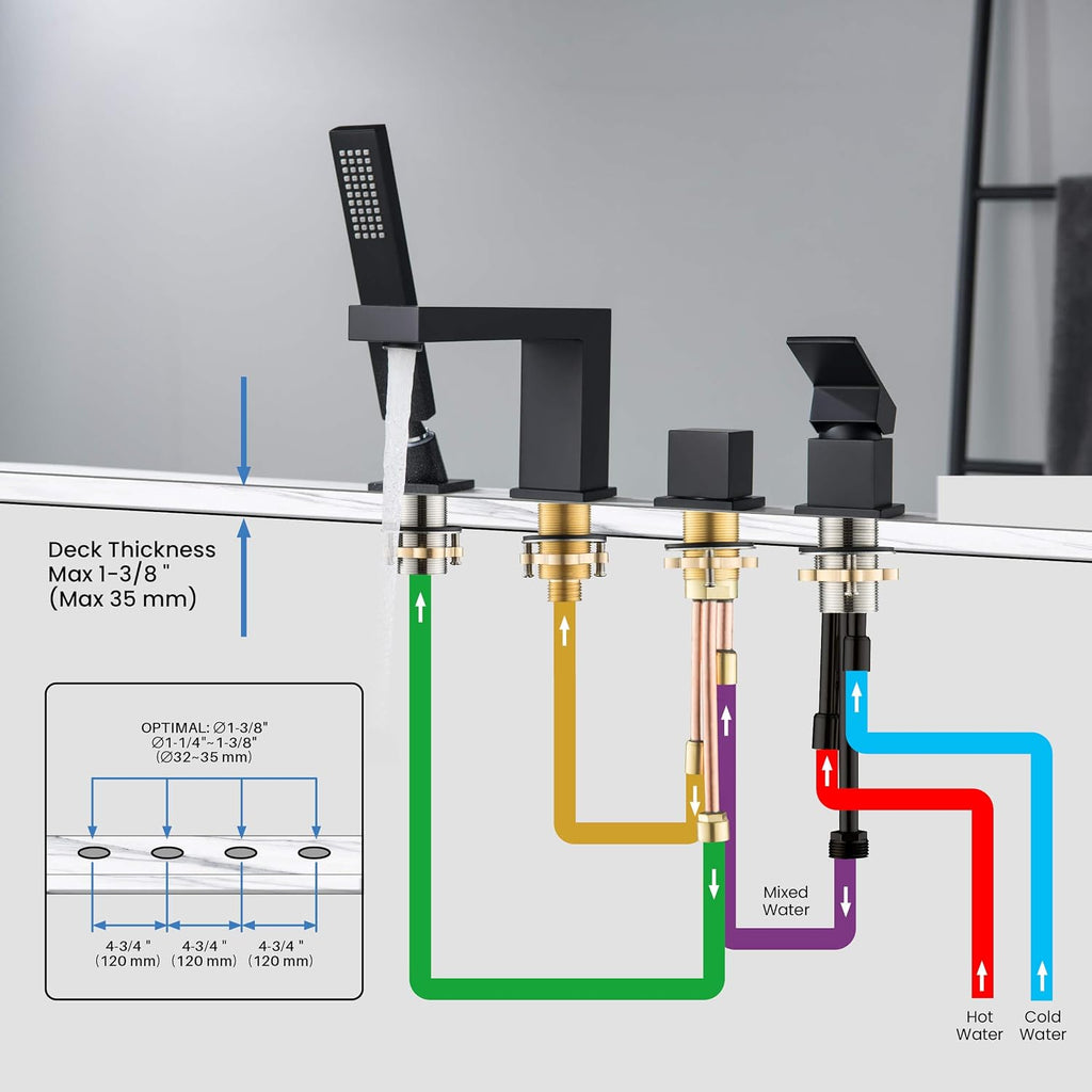 KIBI Cube Roman Single Handle Tub Faucet with Hand Shower | Deck Mount Bathtub Filler Set in Matte Black | Solid Brass Body Bathtub Faucet with Easy Diverter, Pull-Out Spray & 60' Hose (KTF3102MB)