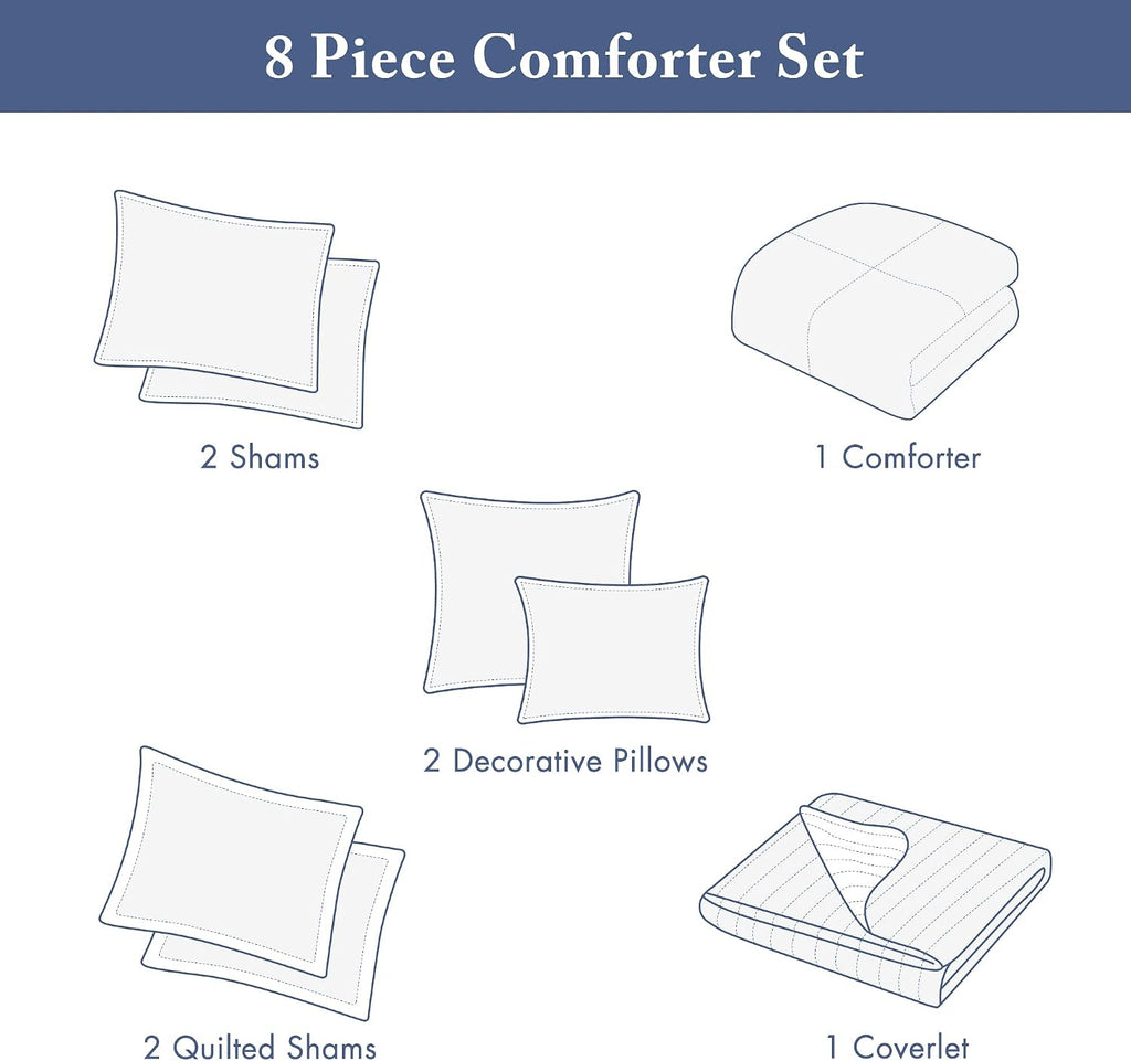 Madison Park Marina Comforter Quilt Combo Set - Modern Luxury Design, All Season Down Alternative Bedding, Matching Shams, Decorative Pillows, King/Cal King(104'x92') Seersucker Blue 8 Piece
