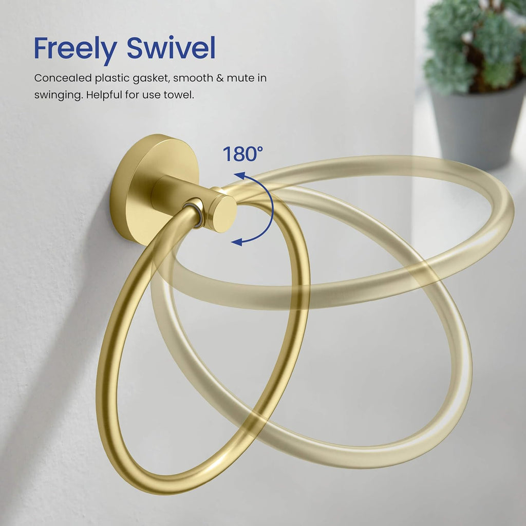 KIBI 5-Piece Bathroom Hardware Set – Wall Mounted Circular Bathroom Accessories Kit with 18 Inch Towel Bar, Towel Ring, Toilet Paper Holder & 2 Robe Hooks – Brushed Gold