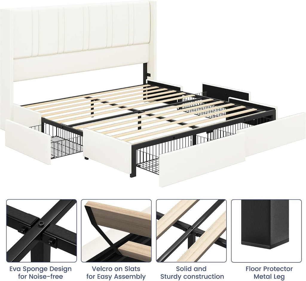 BRELTAM Queen Size Bed Frame with 4 Storage Drawers Linen Upholstered Platform Bed with Wingback Headboard, No Box Spring Needed, Easy Assembly, White
