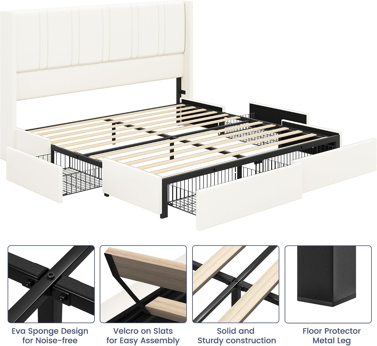 BRELTAM Queen Size Bed Frame with 4 Storage Drawers Linen Upholstered Platform Bed with Wingback Headboard, No Box Spring Needed, Easy Assembly, White