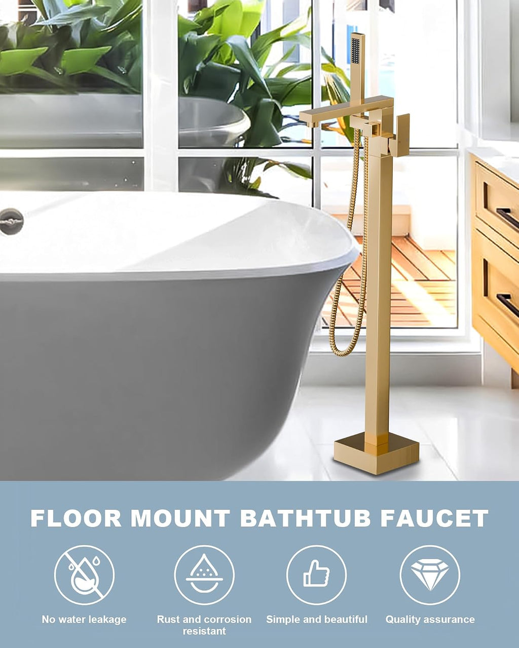 Free Standing Tub Faucet Brushed Gold,Freestanding Bathtub Faucet For Luxury Bathtub,High Flow Tub Filler,Swivel Spout Brass Construction with Handheld Shower