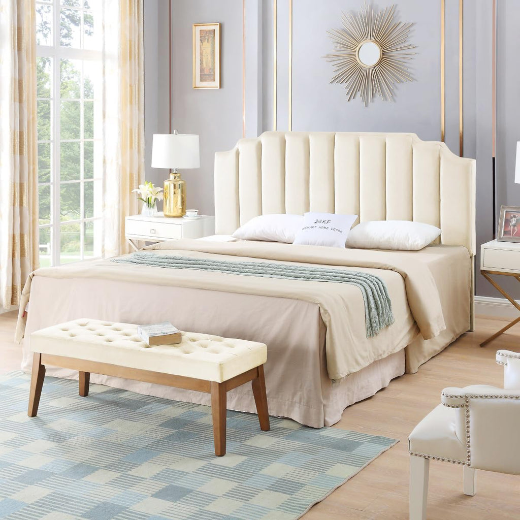 24KF Cream Velvet Tufted King Upholstered Headboard, Modern Vertical Channel Design California King Headboard with Stepped Silhouette Top Edge,Cream