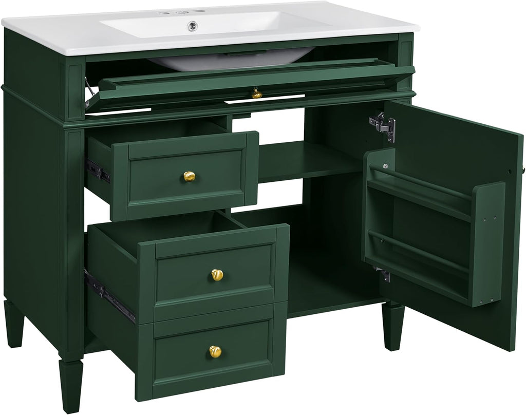 Merax 36'' Bathroom Vanity with Medicine Cabinet, Royal Blue Mirror Cabinet, Modern Bathroom Storage Cabinet with 2 Soft Closing Doors and 4 Drawers,Green