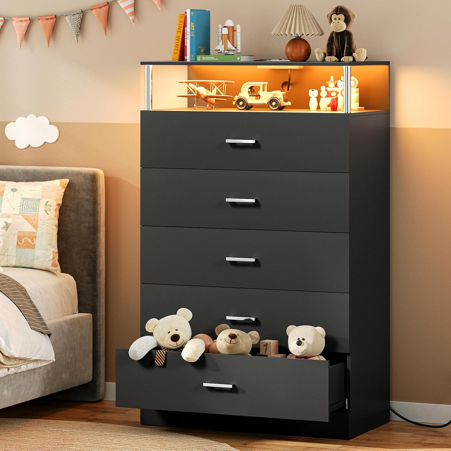AOGLLATI Black Dresser for Bedroom with Column Design & Charging Station, Led 5 Drawers Tall Dresser for Bedroom,Black