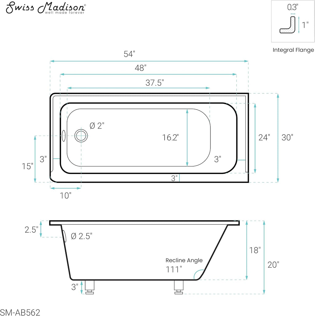 Swiss Madison Voltaire 54' x 30' Acrylic Glossy White, Alcove, Integral Left-Hand Drain, Bathtub