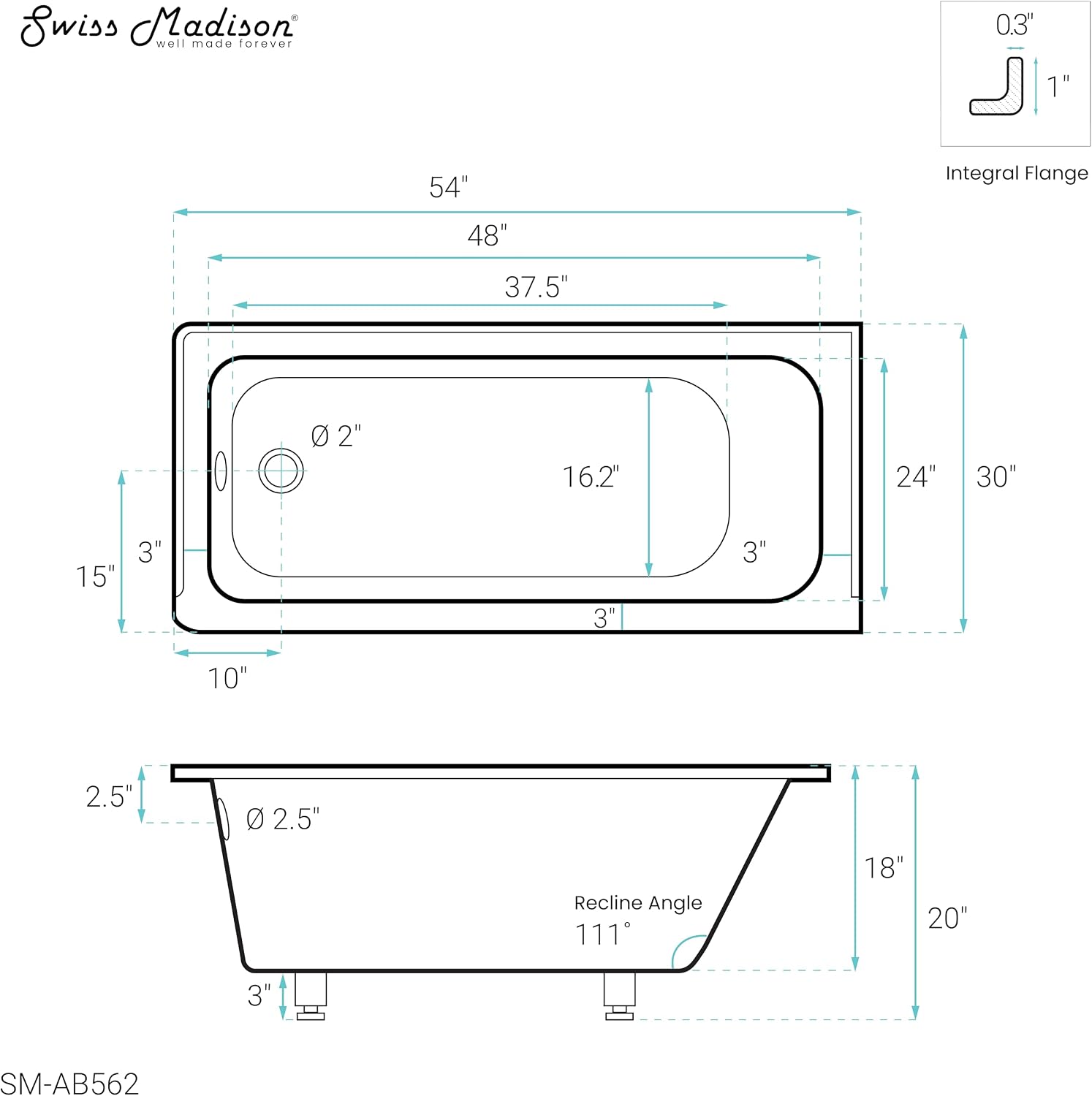 Swiss Madison Voltaire 54' x 30' Acrylic Glossy White, Alcove, Integral Left-Hand Drain, Bathtub