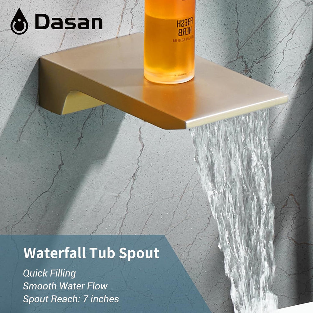 DASAN Tub Shower Faucets Sets Complete Brushed Gold Bathtub Shower System with Waterfall Tub Spout, Bathtub Faucet Set Tub and Shower Faucet Combo Trim Kit with Valve, DA-SS04BG-S10W