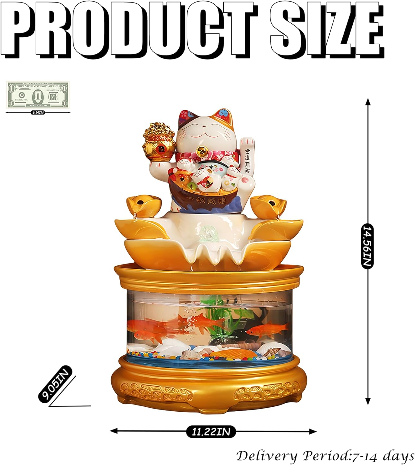 Fish Tank with Maneki Neko, Money Lucky Cat, Tabletop Water Fountain Indoor, Feng Shui Decor & Gifts for Home, Feng Shui Statue, Chinese New Year Decoration, Chinese Decor & Gifts (B)