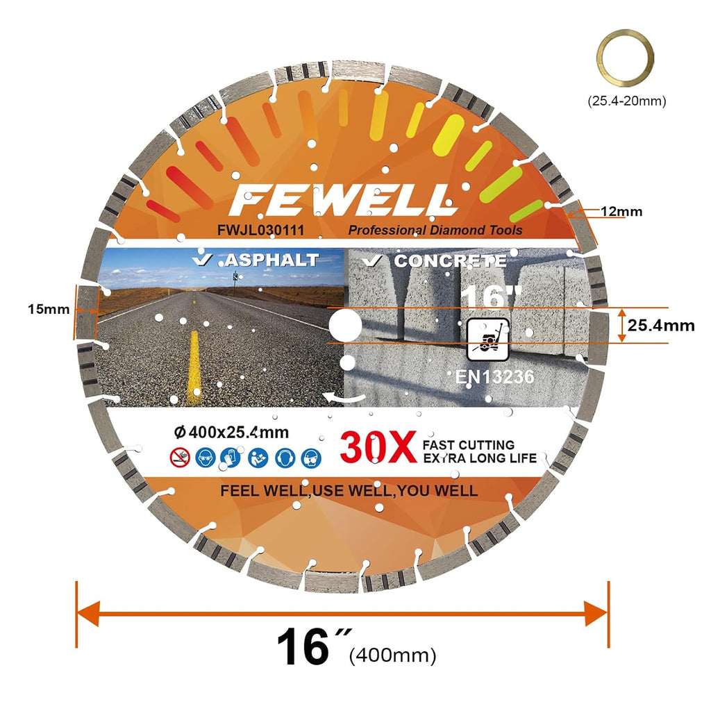 FEWELL 16' Premium Diamond Saw Blade, Multi-Purpose Diamond Blade, Cutting Hard Reinforced Concrete Asphalt Masonry Stone Terrazzo, Laser-Welded Segmented, 1'-20mm Arbor