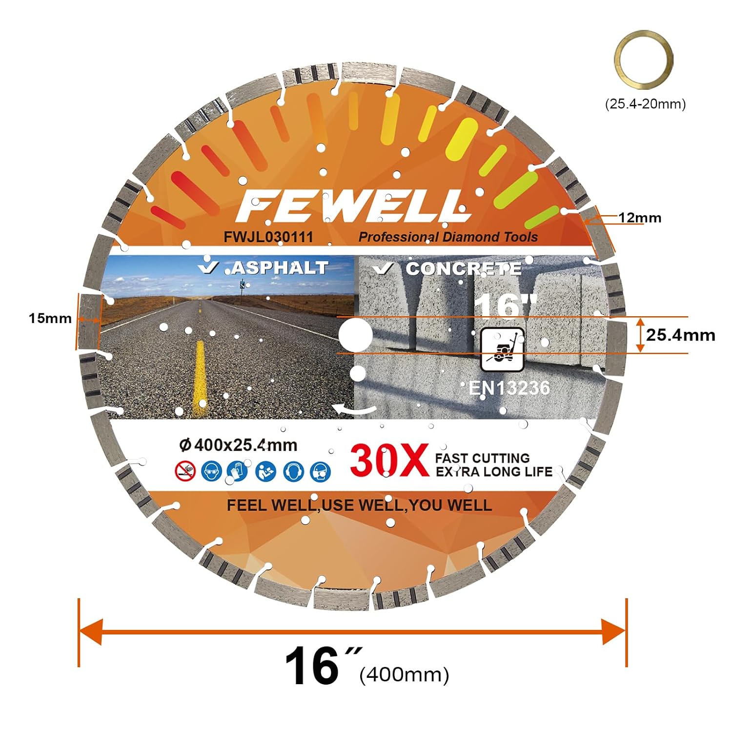 FEWELL 16' Premium Diamond Saw Blade, Multi-Purpose Diamond Blade, Cutting Hard Reinforced Concrete Asphalt Masonry Stone Terrazzo, Laser-Welded Segmented, 1'-20mm Arbor