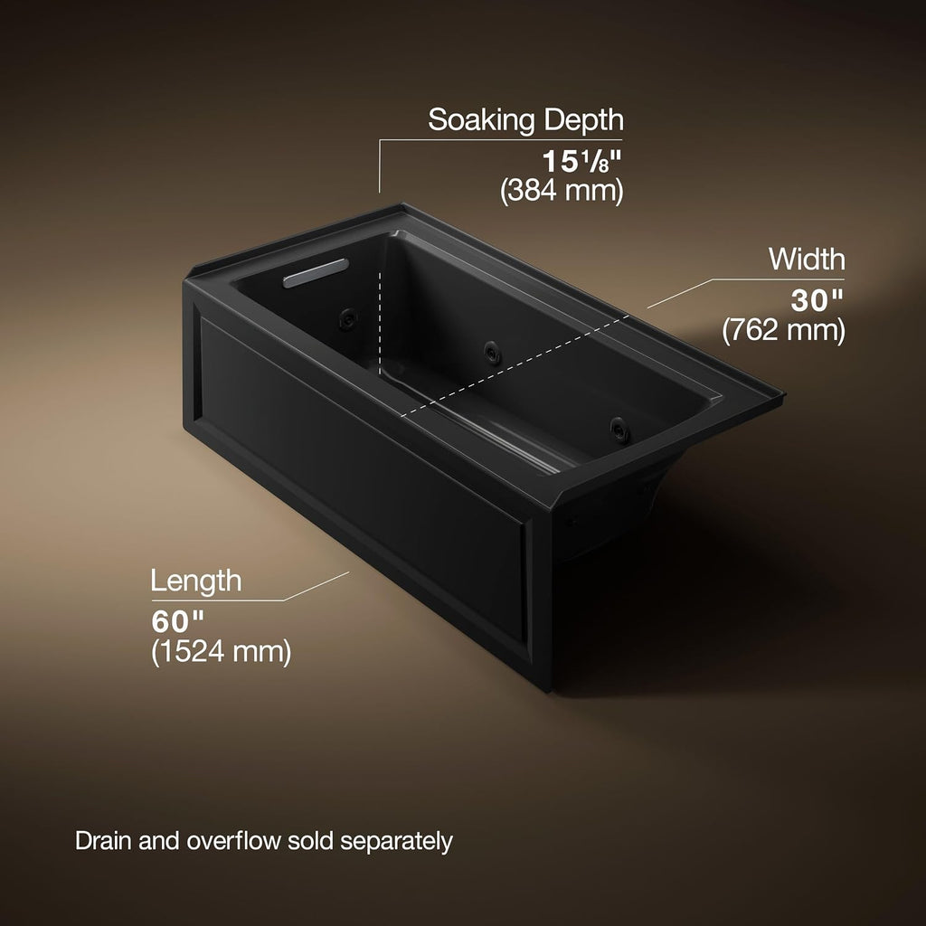 KOHLER K-1947-LA-7 Archer 60' x 30' Alcove Whirlpool with Integral Apron, Tile Flange and Left-Hand Drain, Black