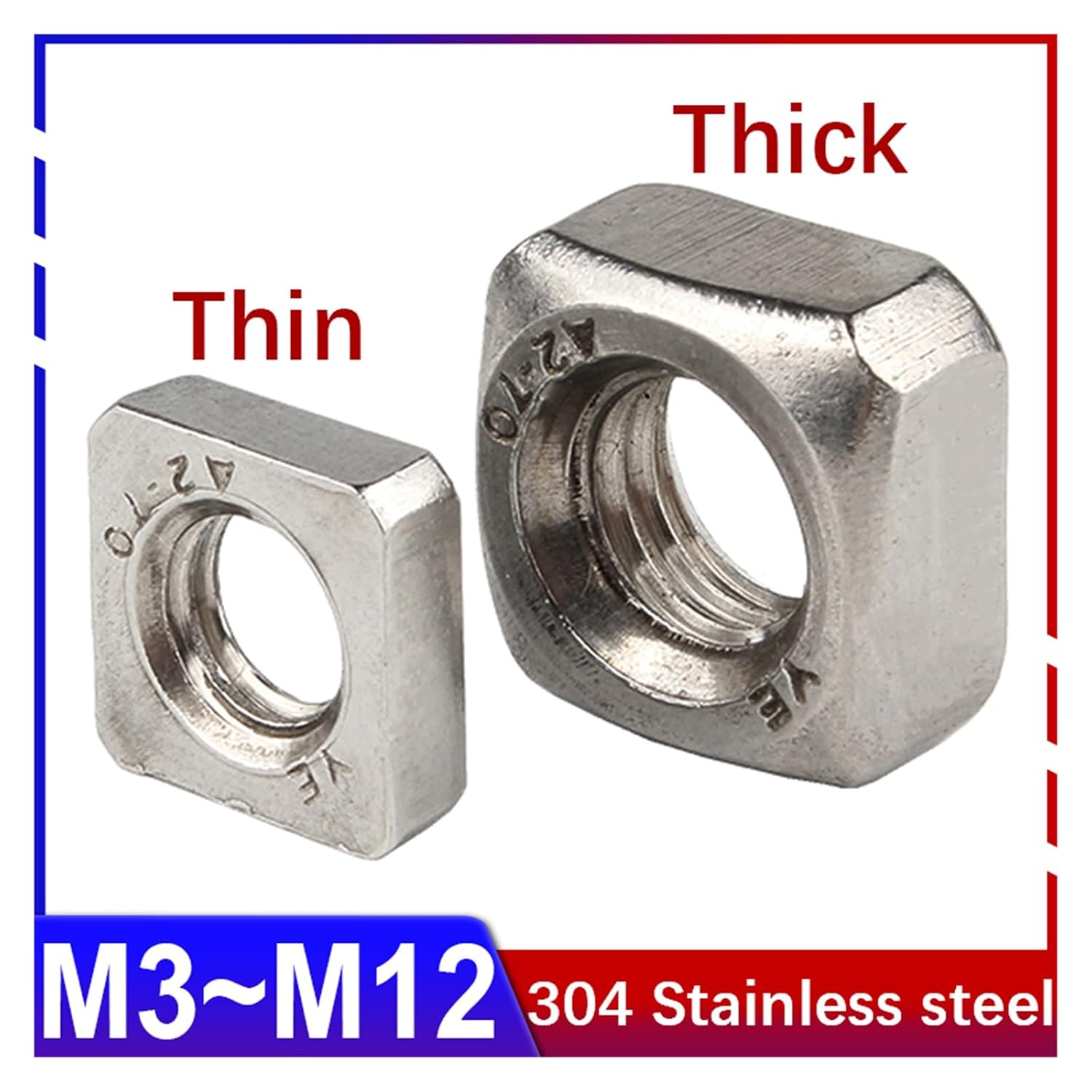 M3 M4 M5 M6 M8 M10 M12 304 Stainless Steel Square Nut Quadrangle Thick/Thin DIN557 Lock The Screw Cap 5~50pcs(M8 Thick (10Pcs))