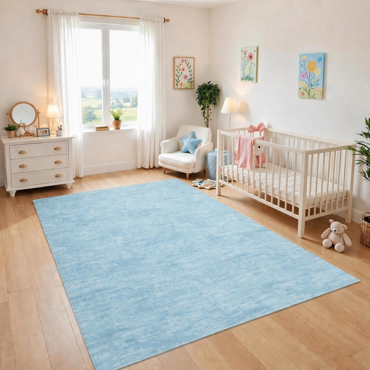 RUGSREAL 8x10 Washable Rug for Living Room Non-Slip Modern Abstract Area Rug Stain Resistant Large Bedroom Rug Contemporary Accent Throw Floor Carpet Solid Rug for Dining Room Home Decor, Blue