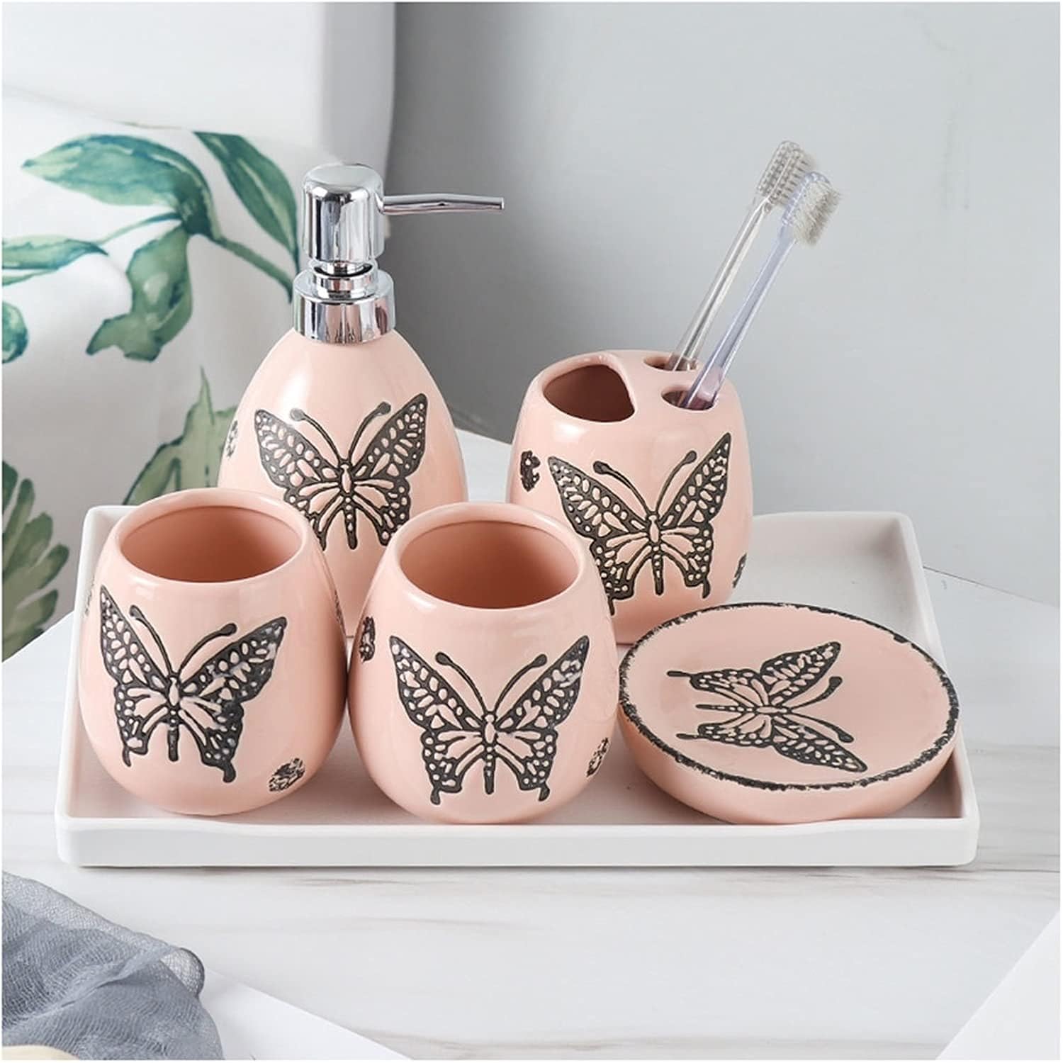 Soap Dispenser/Dispenser for Handwashing Fluid Bathroom Accessories Set 6 Pieces Includes Soap Dispenser Toothbrush Holder Tumbler Soap Dish and Tray,(Pink)