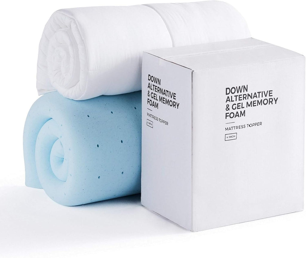 LUCID 4' Down Alternative & Gel Memory Foam Mattress Topper, Twin XL – Three Toppers in One – Fitted Sheet Style, 100% Cotton