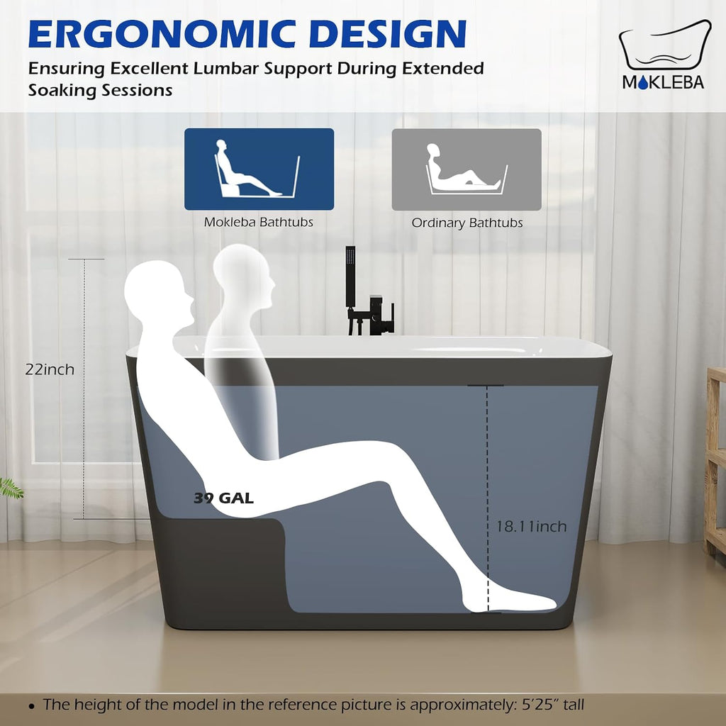 47' Lucite Acrylic Freestanding Bathtub，Square Shape Janpanese Soaking Tub with Seat Desgin,Toe-tap Chrome Right Drain, Slotted Overflow, cUPC Certified, 37° Gray