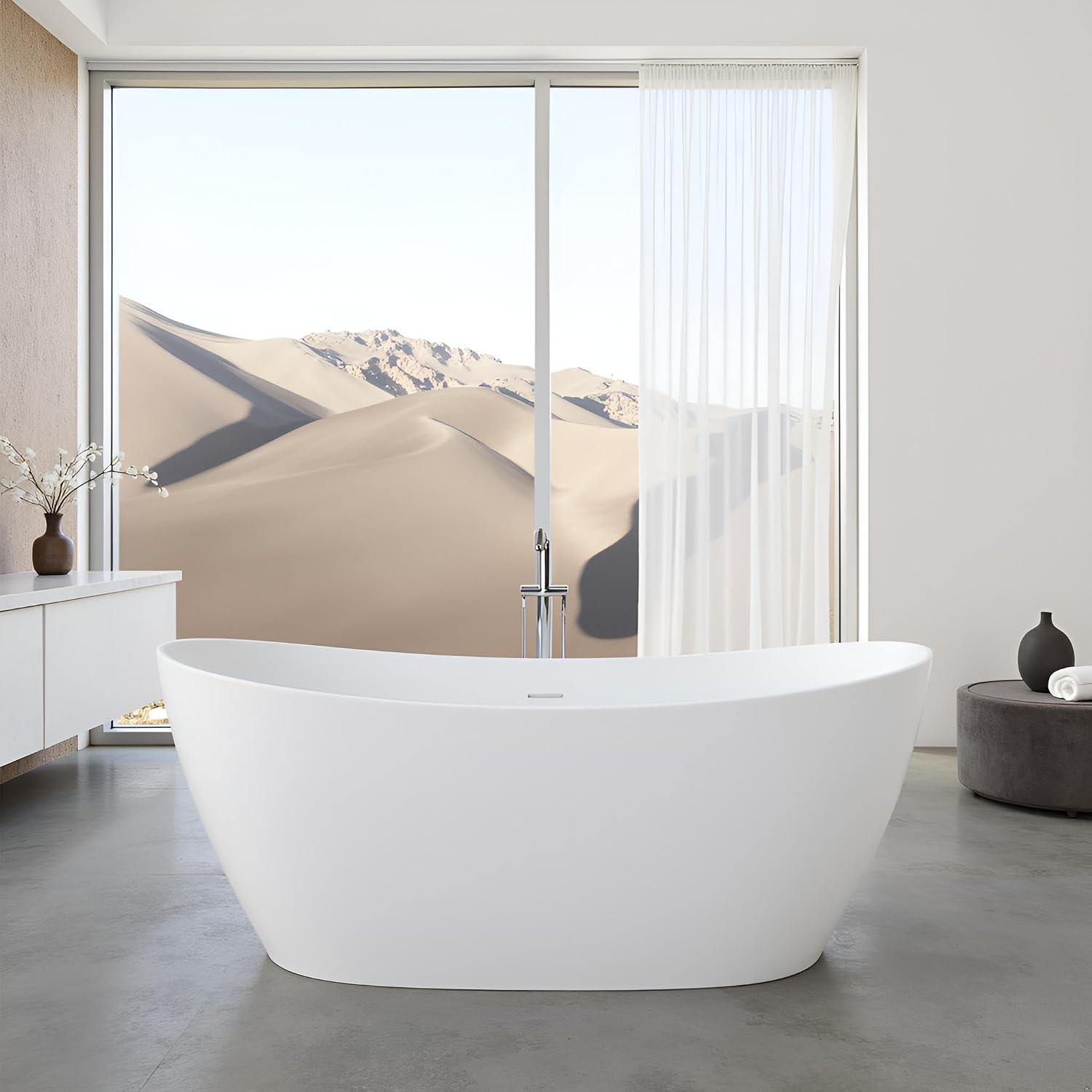 55'' High-back Stone Resin Freestanding Bathtub, Solid Surface Free Standing Tub, Contemporary Soaking Tub, Stand Alone Tub with Pop-up Drain and Overflow, Matte White (Oval)