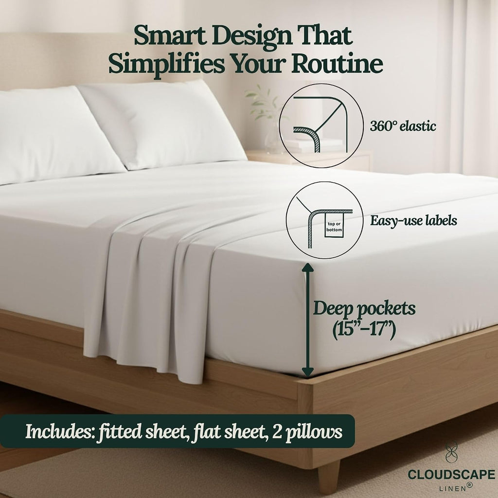 CLOUDSCAPE 100% Egyptian Cotton Sheets California King Size, 4 Pieces Breathable and Naturally Cooling Bedding Set, Long-Staple Cotton for Ultra Soft, Deep Pocket Fitted up to 16', White