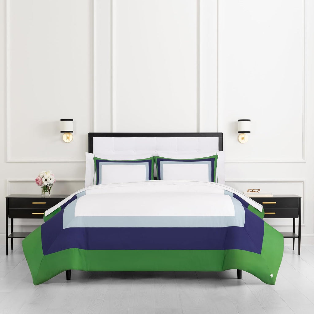 kate spade new york Color Block Full/Queen Comforter Set, 300 Thread Count and 100% Cotton Cover, All Season 3 Piece Reversible Bedding Set, Machine Washable, Navy, Green and White