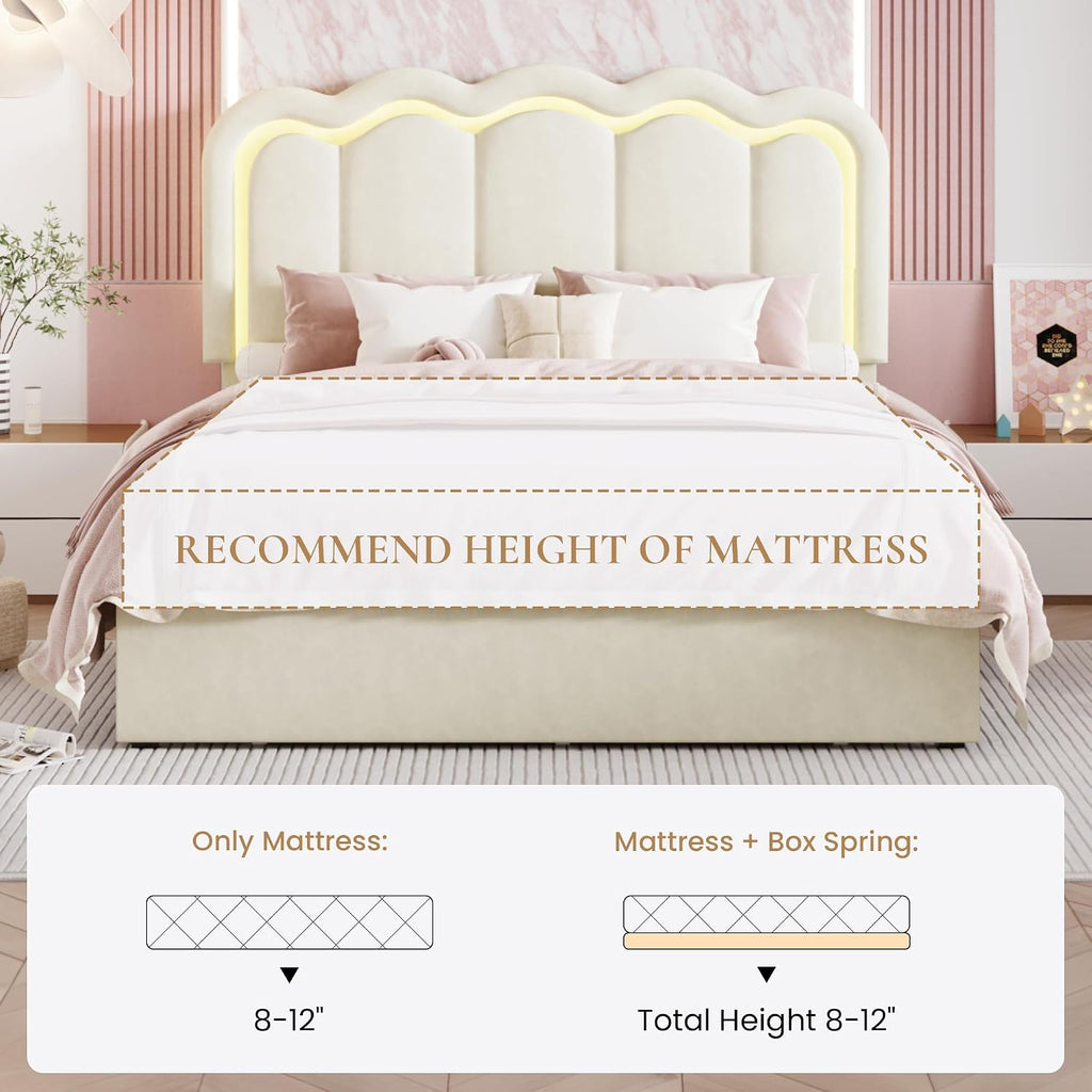 SHA CERLIN Upholstered Queen Size Bed Frame with LED Lights and Large Storage Drawer, Velvet Platform Bed with Adjustable Wavy Headboard, Noise Free, Easy Assembly, No Box Spring Needed, Soft Cream