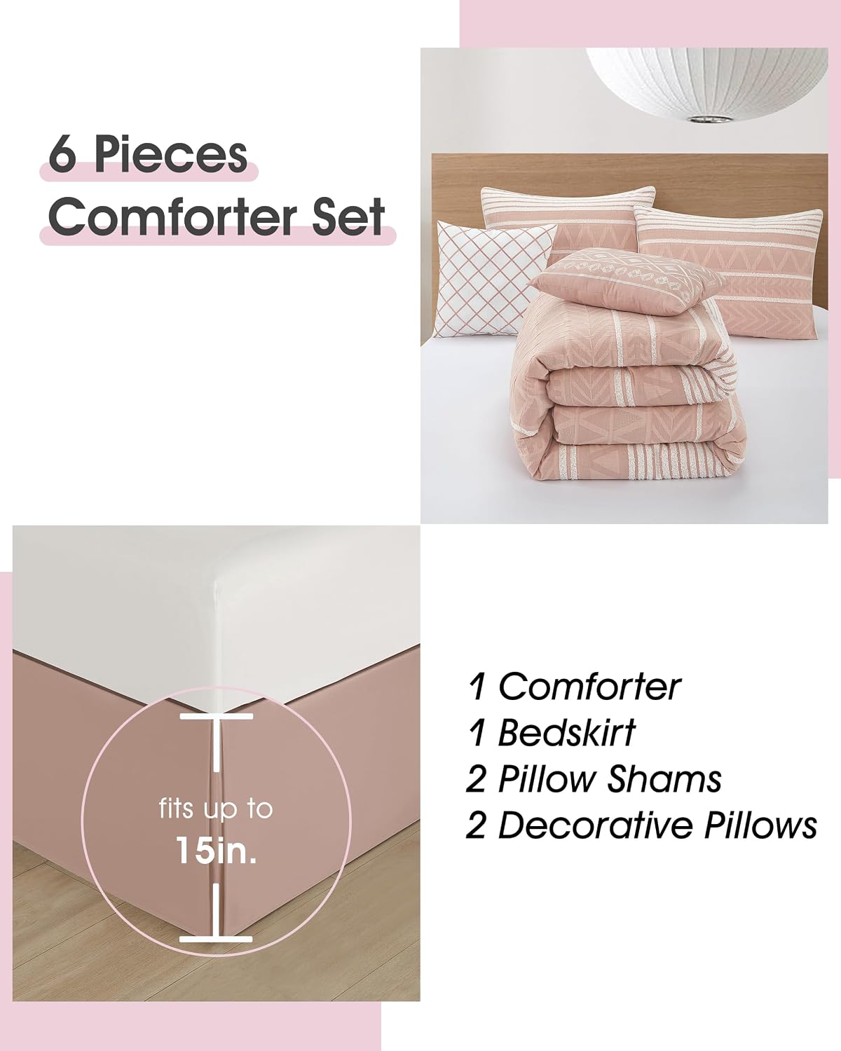 LANCO MODERN LIFESTYLE Cotton Comforter Set California King, Gorgeous Geometric Jacquard, Blush Soft Lightweight Bedding Set for All Seasons, Bedskirt, Pillow Shams and Decor Pillows