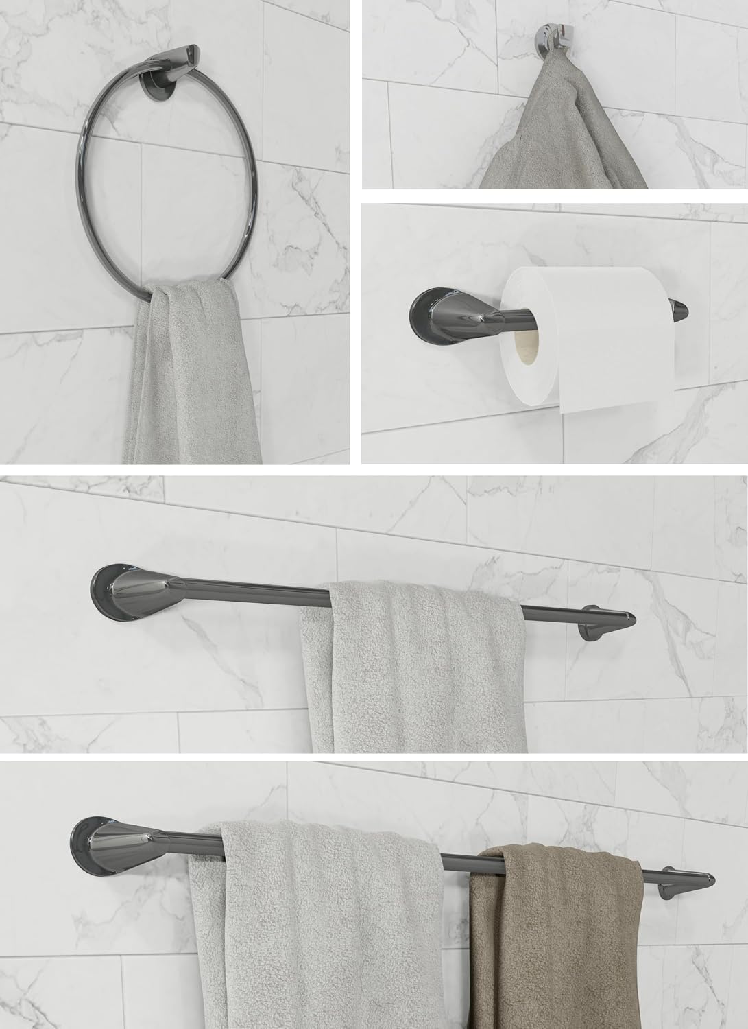 Sanibel Bathroom Accessory Complete Set (Chrome), Robe Hook, Toilet Paper Holder, Towel Ring, Towel Bar (18 and 24 Inch) Wall Mount Hanger for Kitchen Accessories