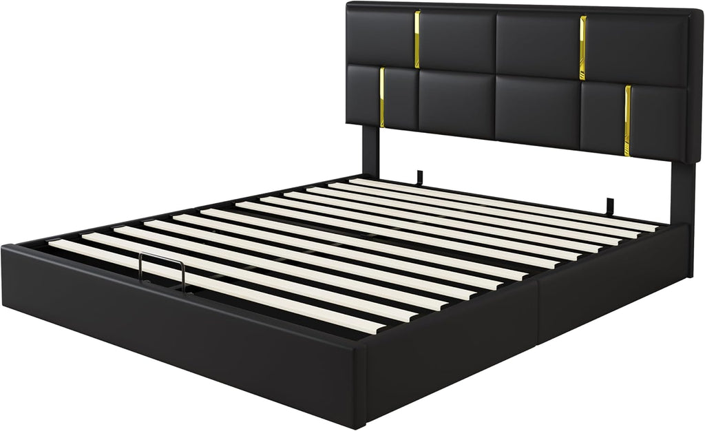 2-Pieces Bedroom Sets, Queen Size PU Upholstered Platform Bed with Hydraulic Storage System, Wood Platform Bed Frame with Metal Legs Storage Ottoman for Kids Teens Adults Bedroom, Black
