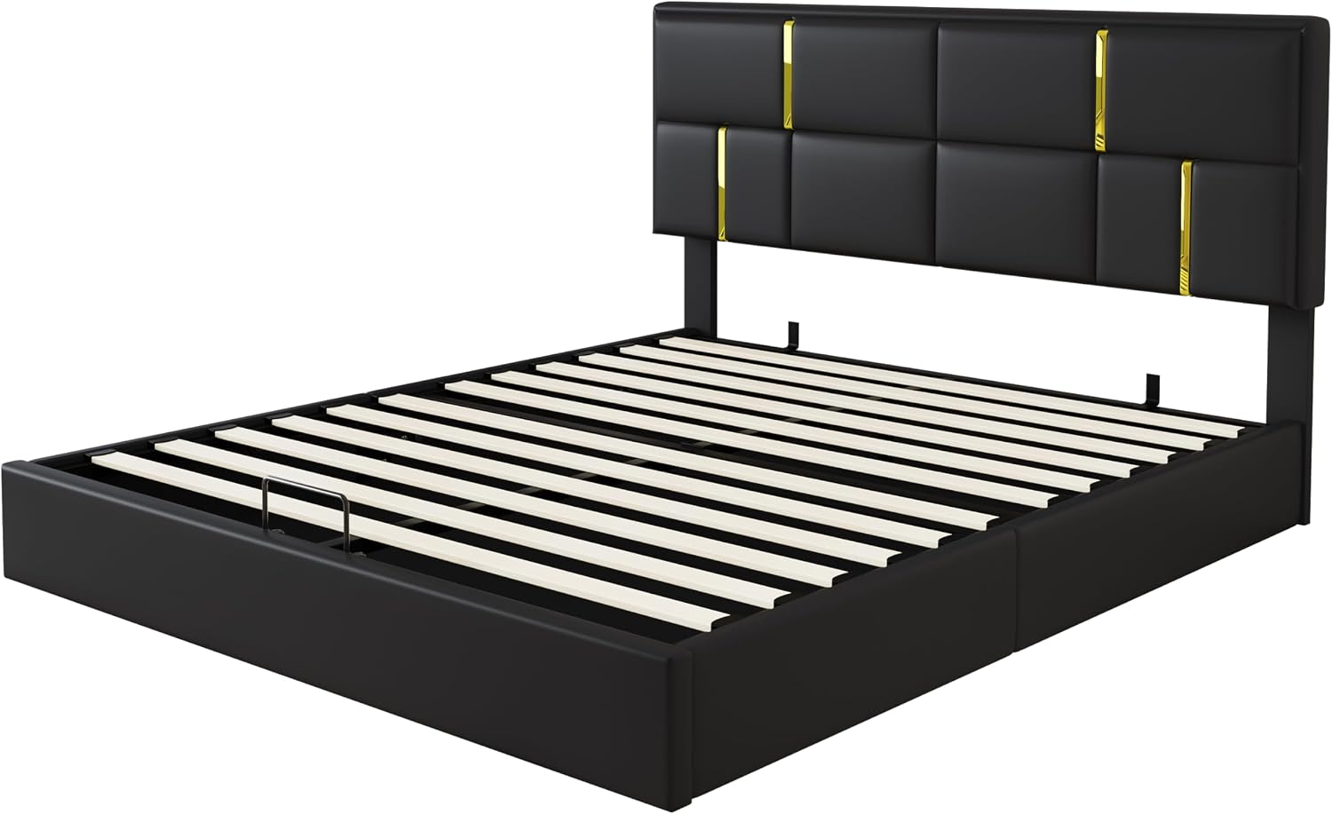 2-Pieces Bedroom Sets, Queen Size PU Upholstered Platform Bed with Hydraulic Storage System, Wood Platform Bed Frame with Metal Legs Storage Ottoman for Kids Teens Adults Bedroom, Black