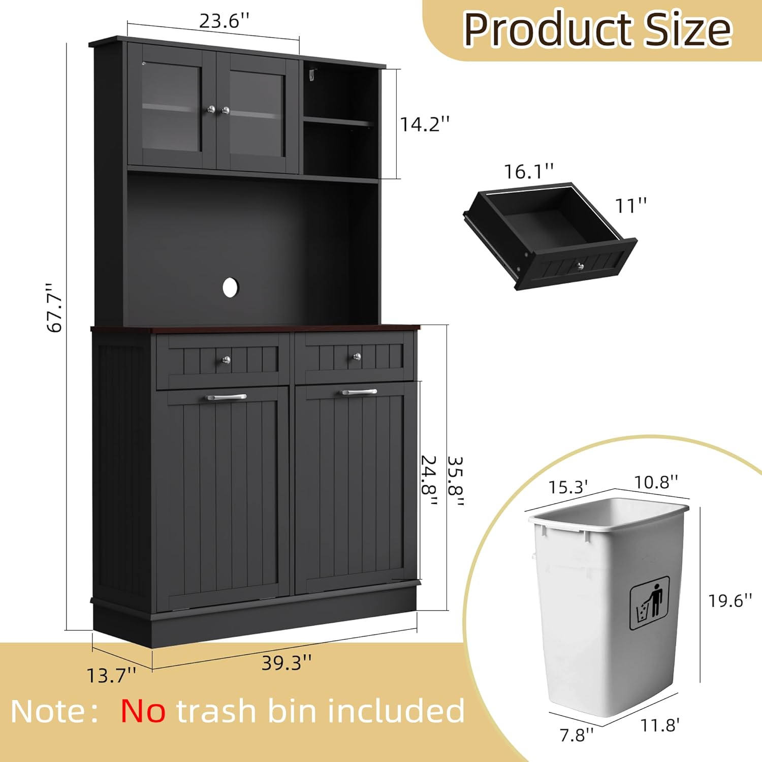 Double Tilt Out Trash Cabinet Storage Cabinet 20 Gallon with Two Solid Wood Hideaway Trash Holder Drawers, Dual Wooden Free Standing Recycling Cabinets Trash Can Bin Kitchen (Black)