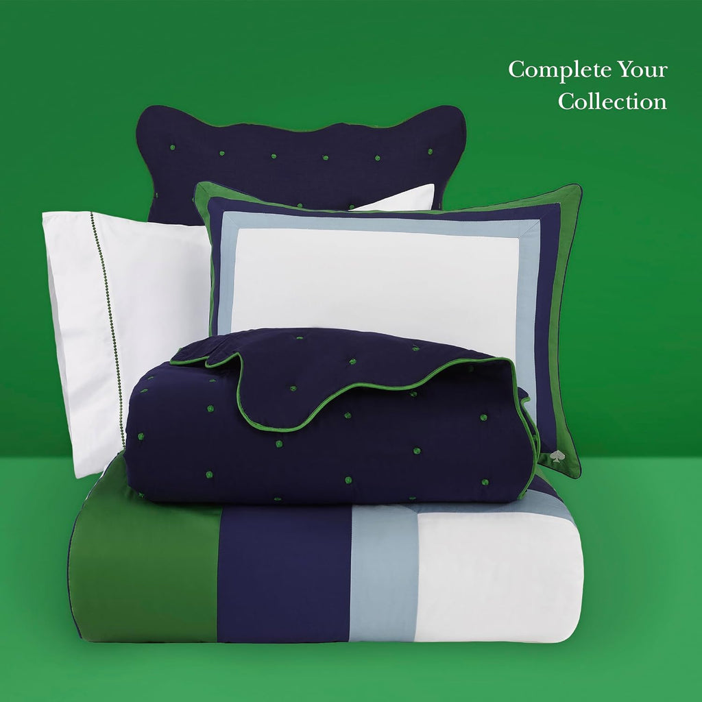 kate spade new york Color Block Full/Queen Comforter Set, 300 Thread Count and 100% Cotton Cover, All Season 3 Piece Reversible Bedding Set, Machine Washable, Navy, Green and White