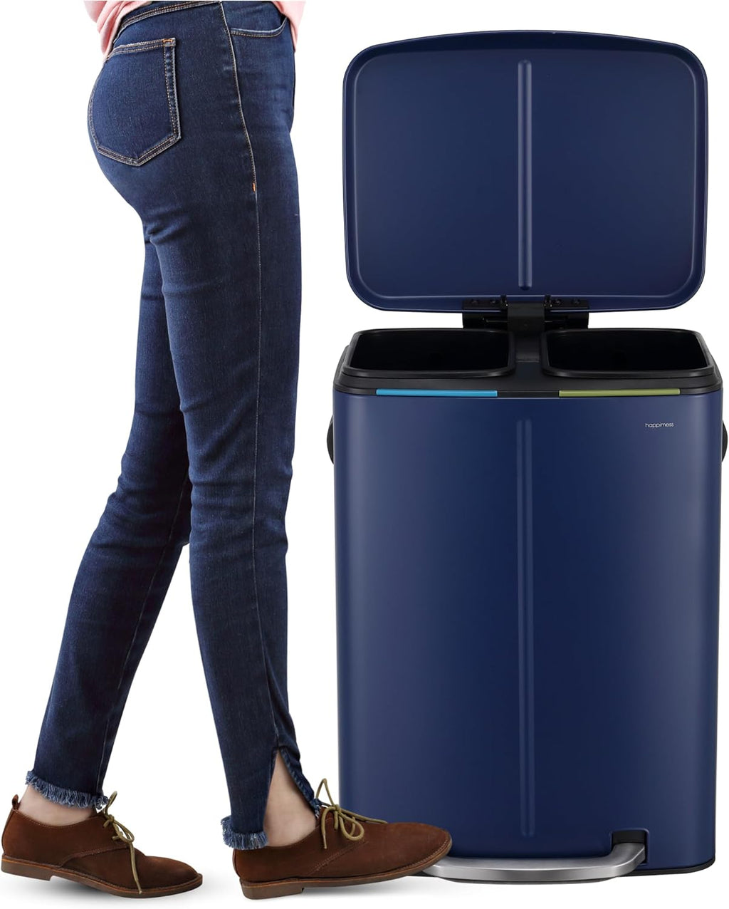 happimess HPM1005J Marco Rectangular 10.6-Gallon Double Bucket Trash Can with Soft-Close Lid, Denim Blue, Fingerprint Resistant, Modern, Minimalistic for Home, Kitchen, Office, Bedroom, Bathroom