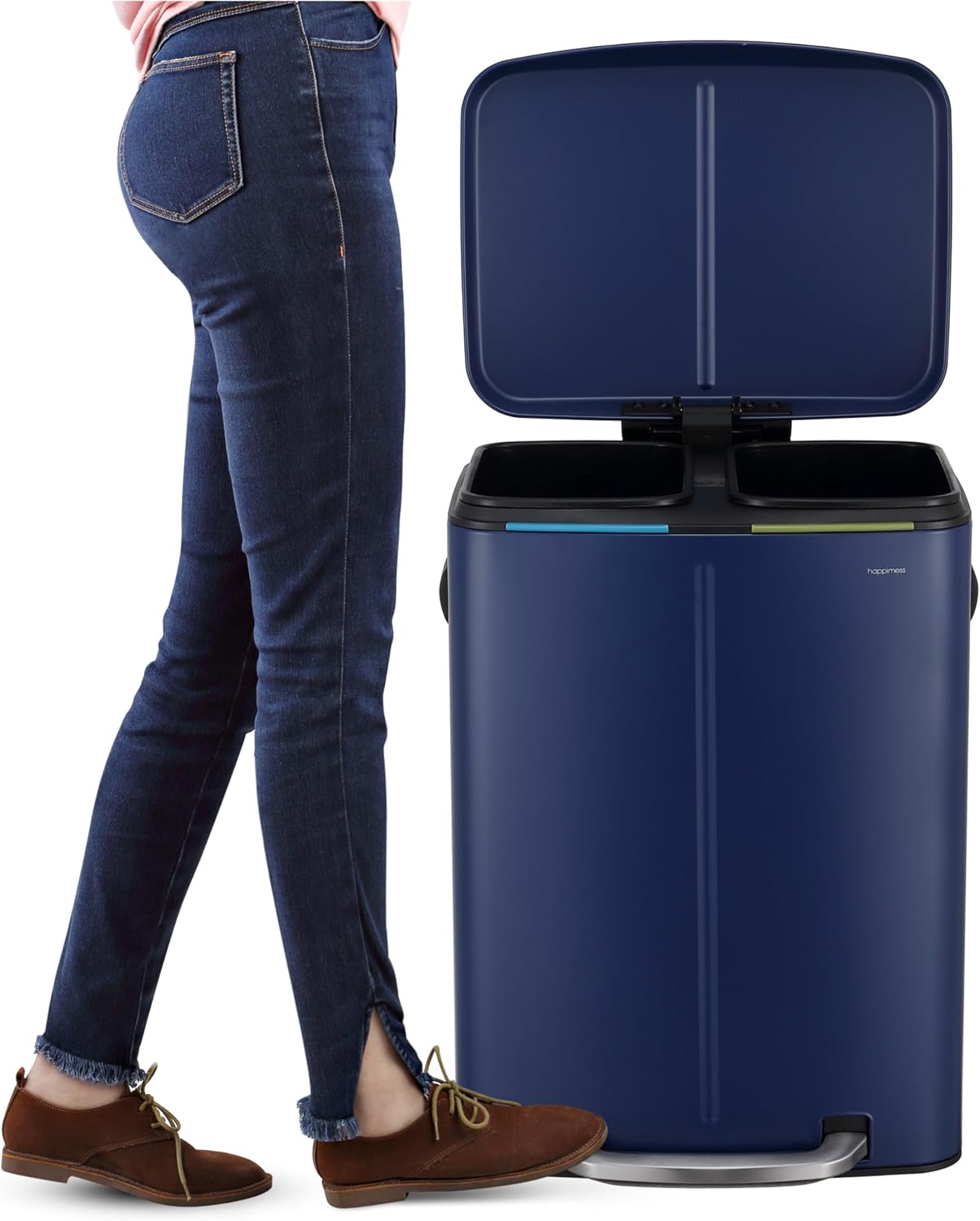 happimess HPM1005J Marco Rectangular 10.6-Gallon Double Bucket Trash Can with Soft-Close Lid, Denim Blue, Fingerprint Resistant, Modern, Minimalistic for Home, Kitchen, Office, Bedroom, Bathroom