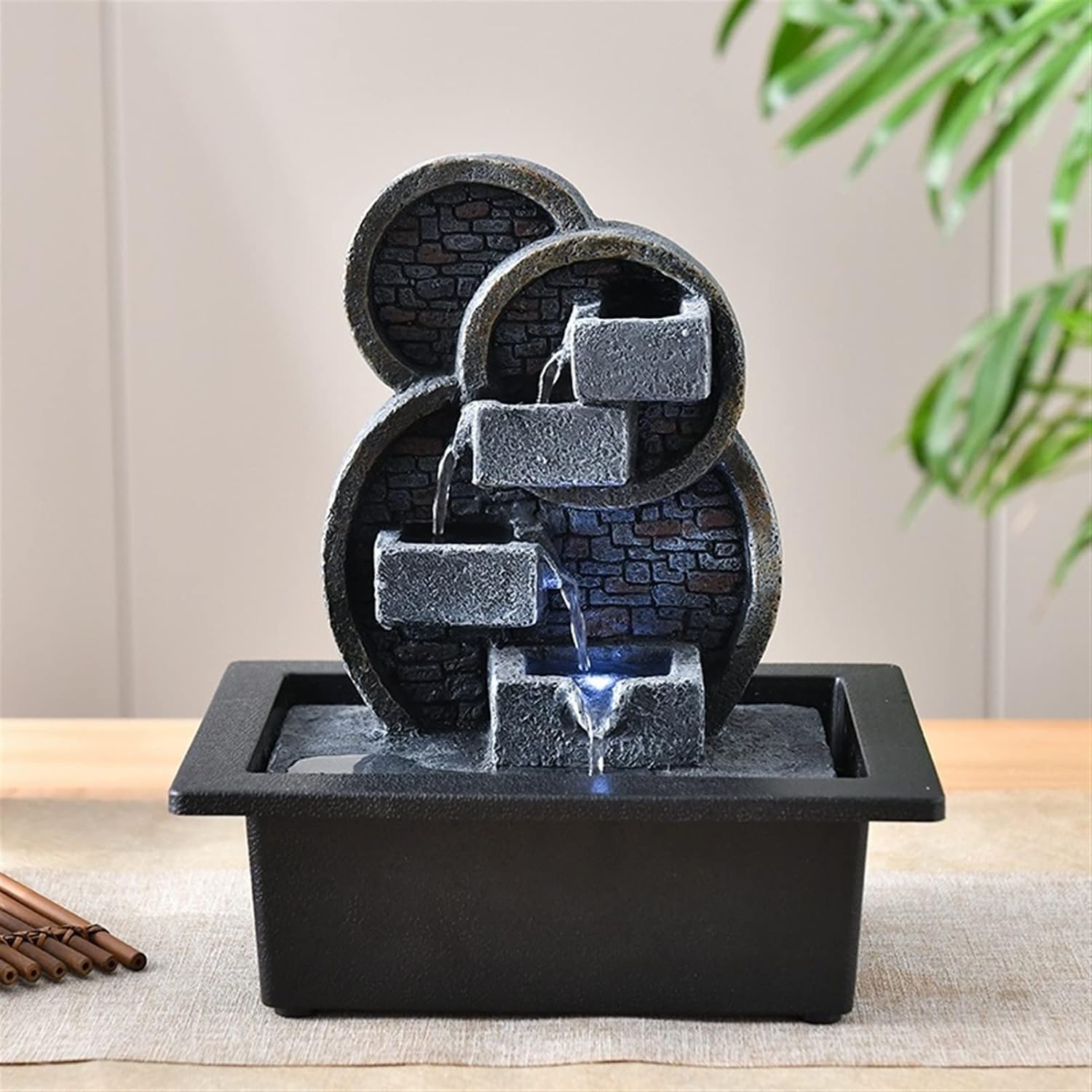 HIHELO Desktop Fountain Indoor Water Fountain Table Fountain Multi-Color LED Lights for Home Office Soothing Cascading Water Sound Layered Desktop Function Water Fountain Outdoor (Color : B)