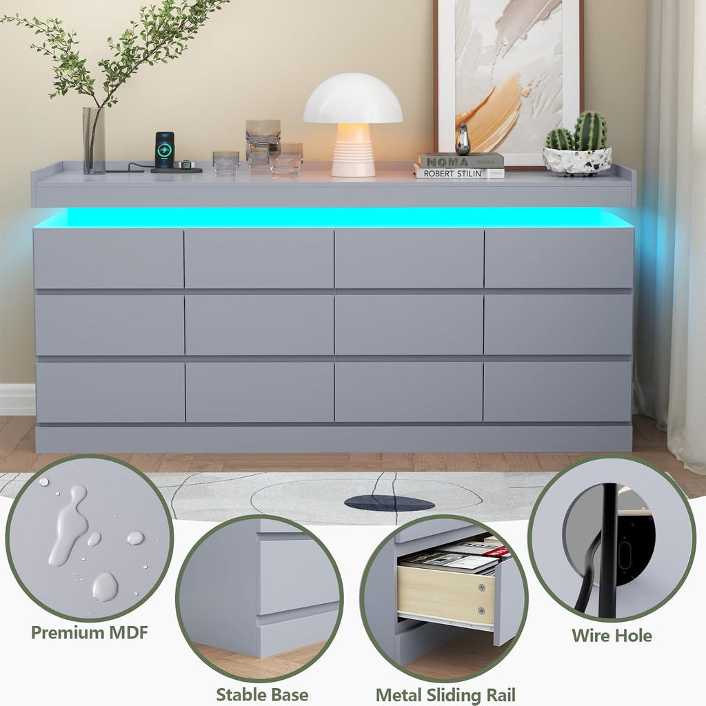 Gyfimoie 12 Drawer Dresser with Power Outlet, Dresser with LED Light, Modern Chest of Drawers for Closet, Double Wide Drawer Organizer Cabinet for Bedroom, Living Room (Grey, 12 Drawers)