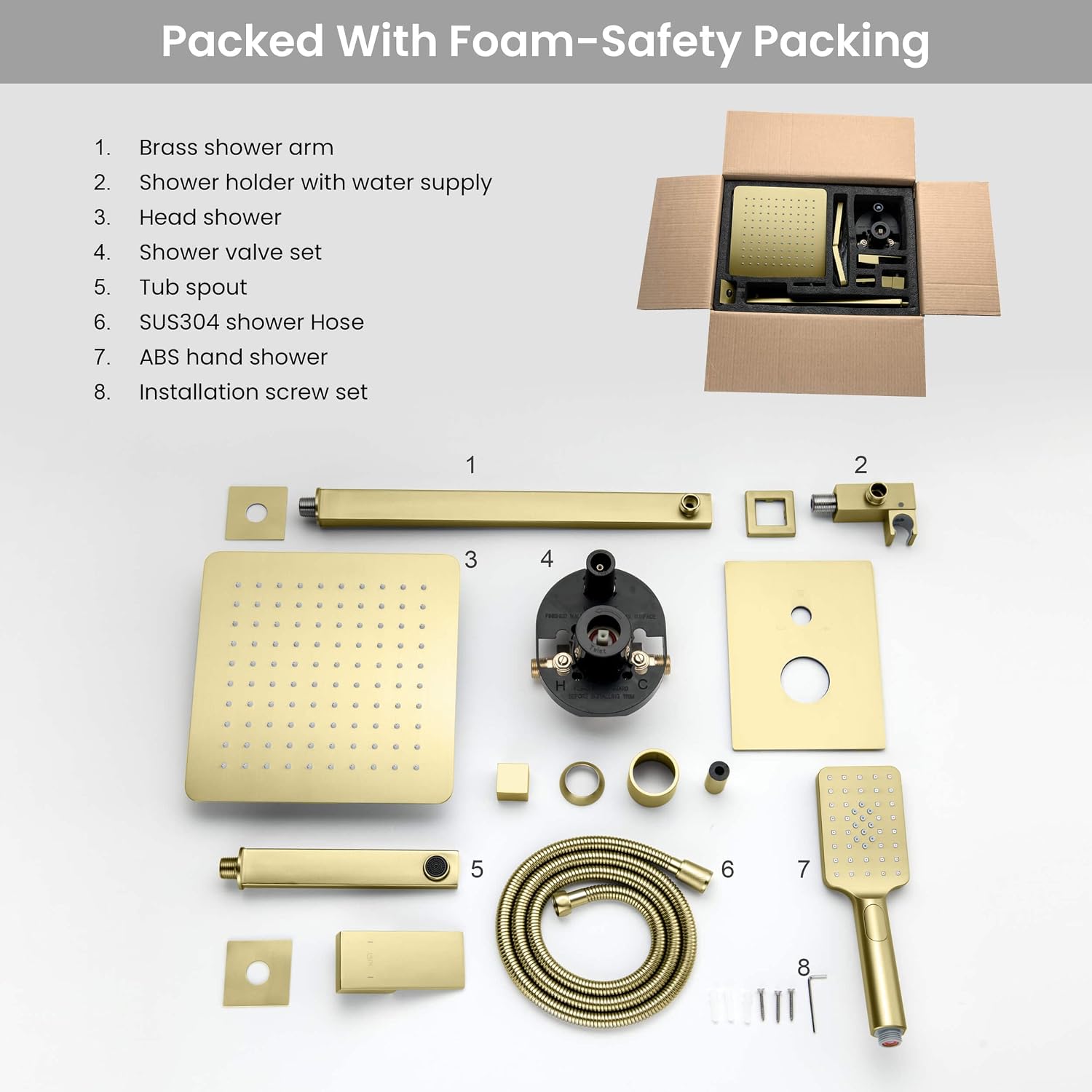 KIBI Cube 3-Function Brushed Gold Wall Mounted Bathroom Shower System | Solid Brass Pressure Balanced Valve Bath Faucet Set | 15-inch Shower Arm | Handheld Waterfall Shower Mode (KSF406BG)