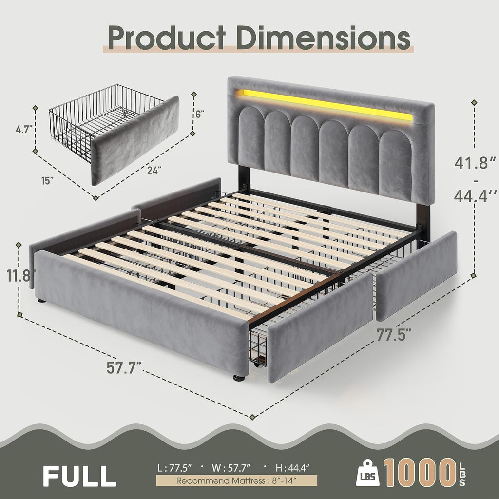 Homkdom Velvet Upholstered Full Size Bed Frame with 4 Storage Drawers, Vertical Arched LED Headboard, Sturdy Wood Slats Support, No Box Spring Needed, Grey