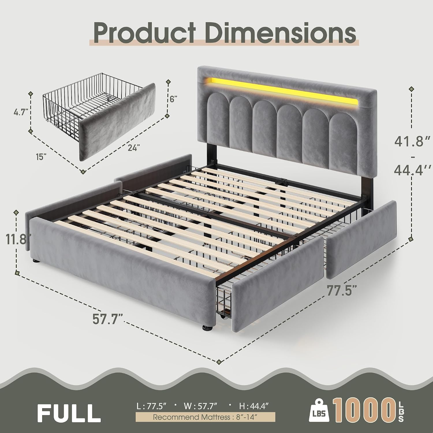 Homkdom Velvet Upholstered Full Size Bed Frame with 4 Storage Drawers, Vertical Arched LED Headboard, Sturdy Wood Slats Support, No Box Spring Needed, Grey