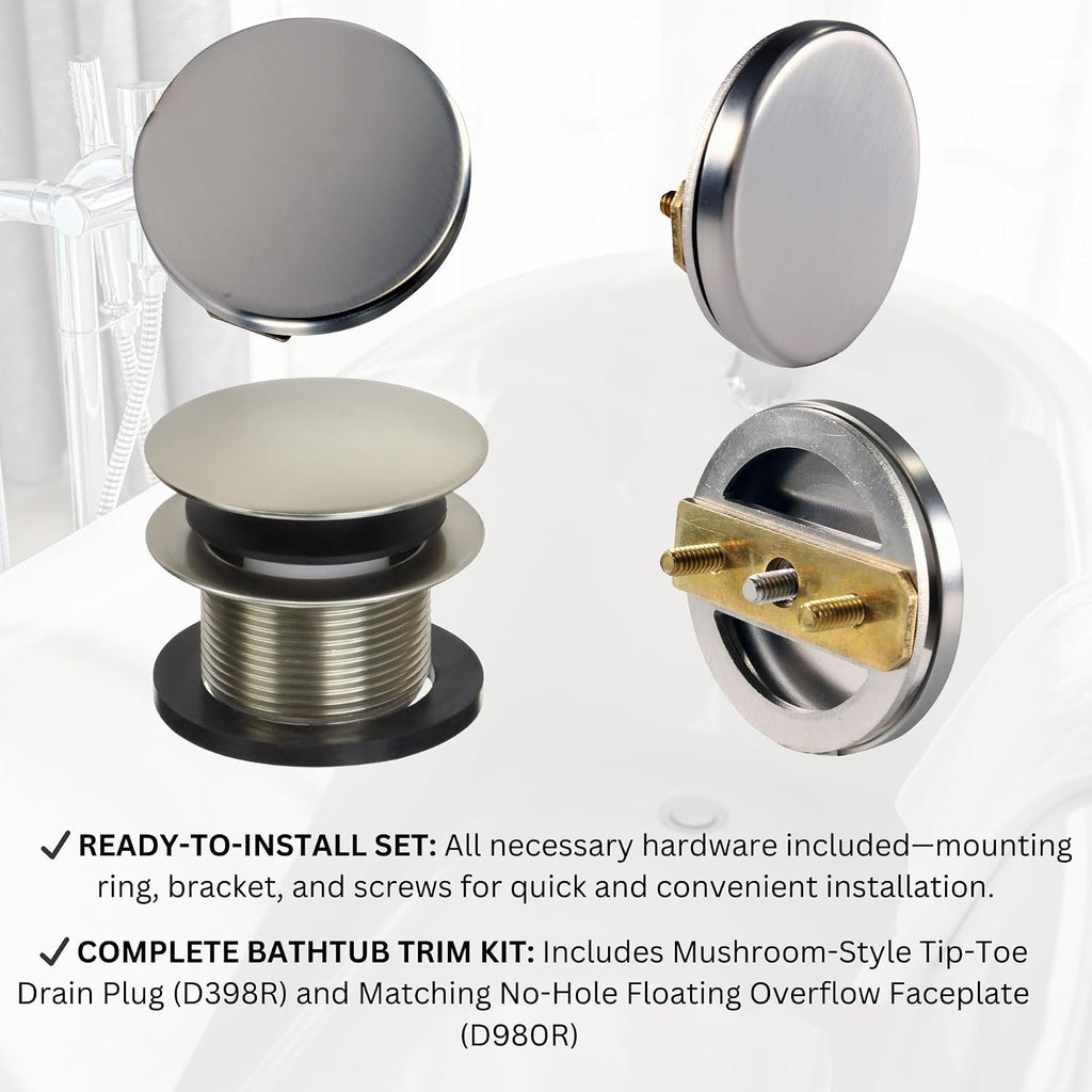Westbrass D398RK-50-20 1-1/2' NPSM Coarse Thread Mushroom Tip-Toe Bathtub Drain Stopper with Illusionary Overflow Faceplate, Stainless Steel (50-Pack)