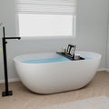 SJ Star&Jane 59' Solid Surface Freestanding Bathtub, Matte White Stone Resin Soaking Tub with Drain and Overflow, Modern Deep Soak Stand Alone Tub with Black Shelf