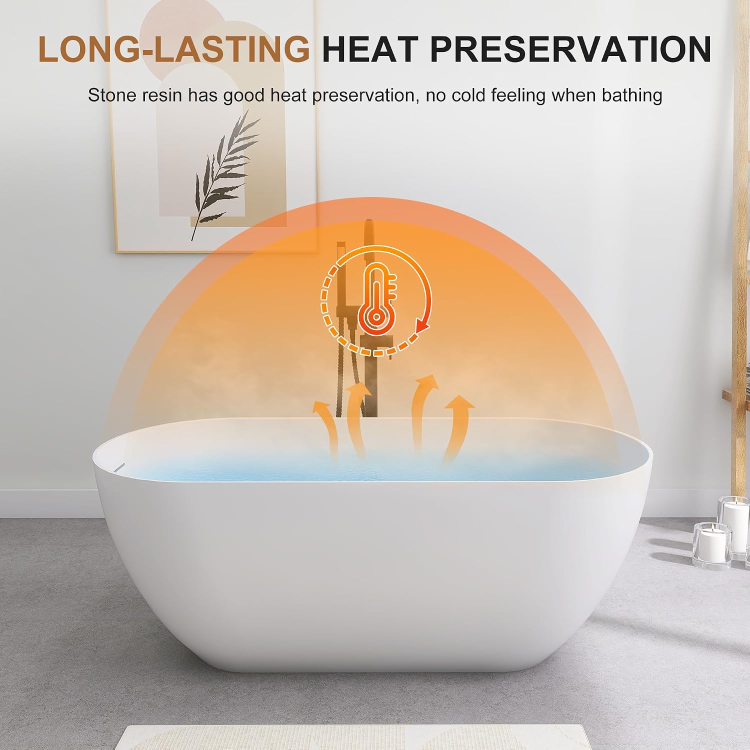 SJ STAR&JANE 51' Solid Surface Freestanding Bathtub, Matte White Oval Soaking Stone Resin Tub with Overflow and Pop-up Drain for Modern Bathrooms