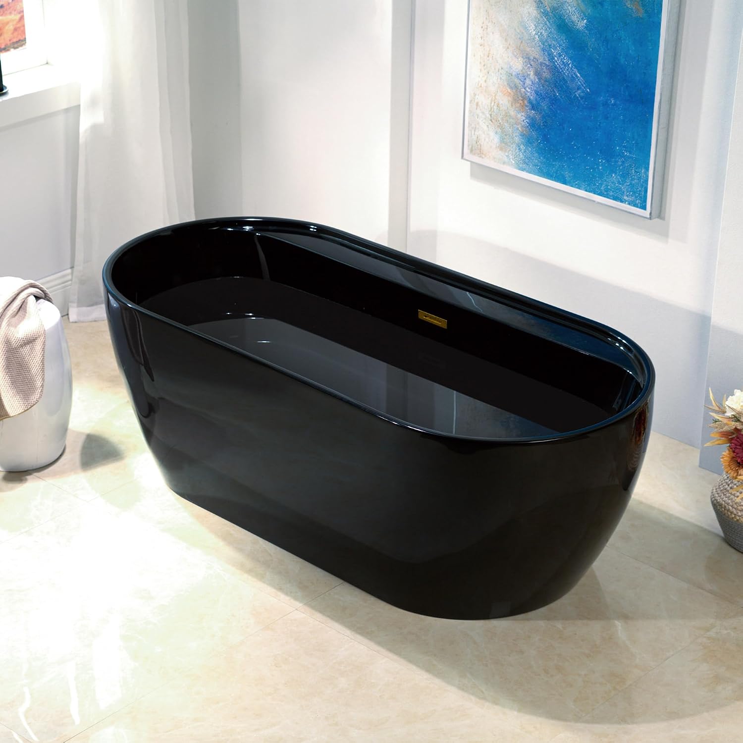 WOODBRIDGE 67' L x 31-1/2' W Freestanding Contemporary Acrylic Soaking Bathtub in Glossy Black Inside and Outside with Brushed Gold Drain & Overflow,B8863-BG