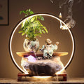 Tabletop Fountain with LED Light, Cwaterfall for Desk with Solid Wood Base & Water Storage Basin, Chinese Zen-Inspired Flowing Water Ornament for Office Living Room(A)
