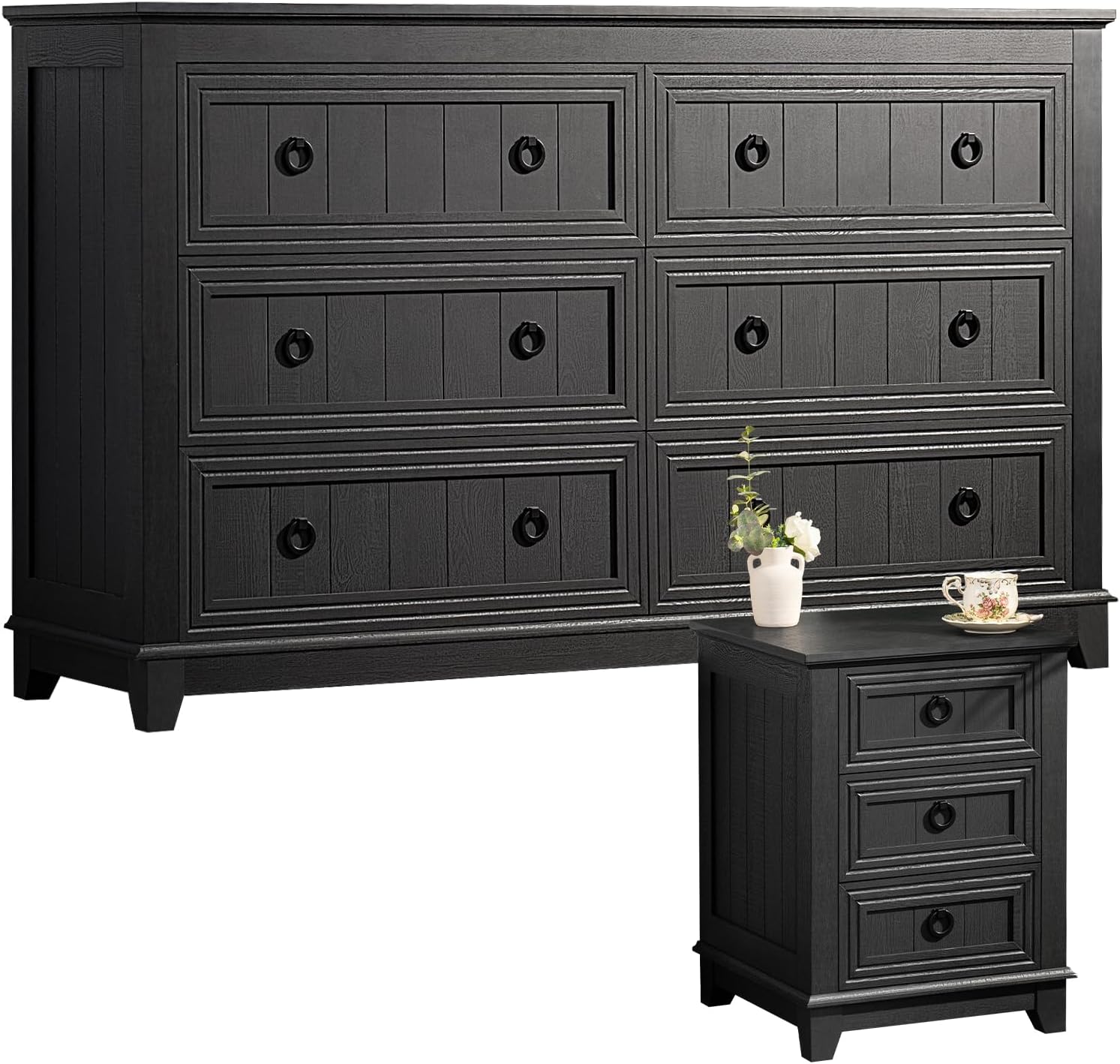 Joaxswe Farmhouse Dresser and Nightstand Sets 2 Piece, Nightstands and 6 Drawers Dressers for Bedroom, 54' Wide Dresser and 18' Inch Night Stand Set for Bedroom, Living Room, Hallway