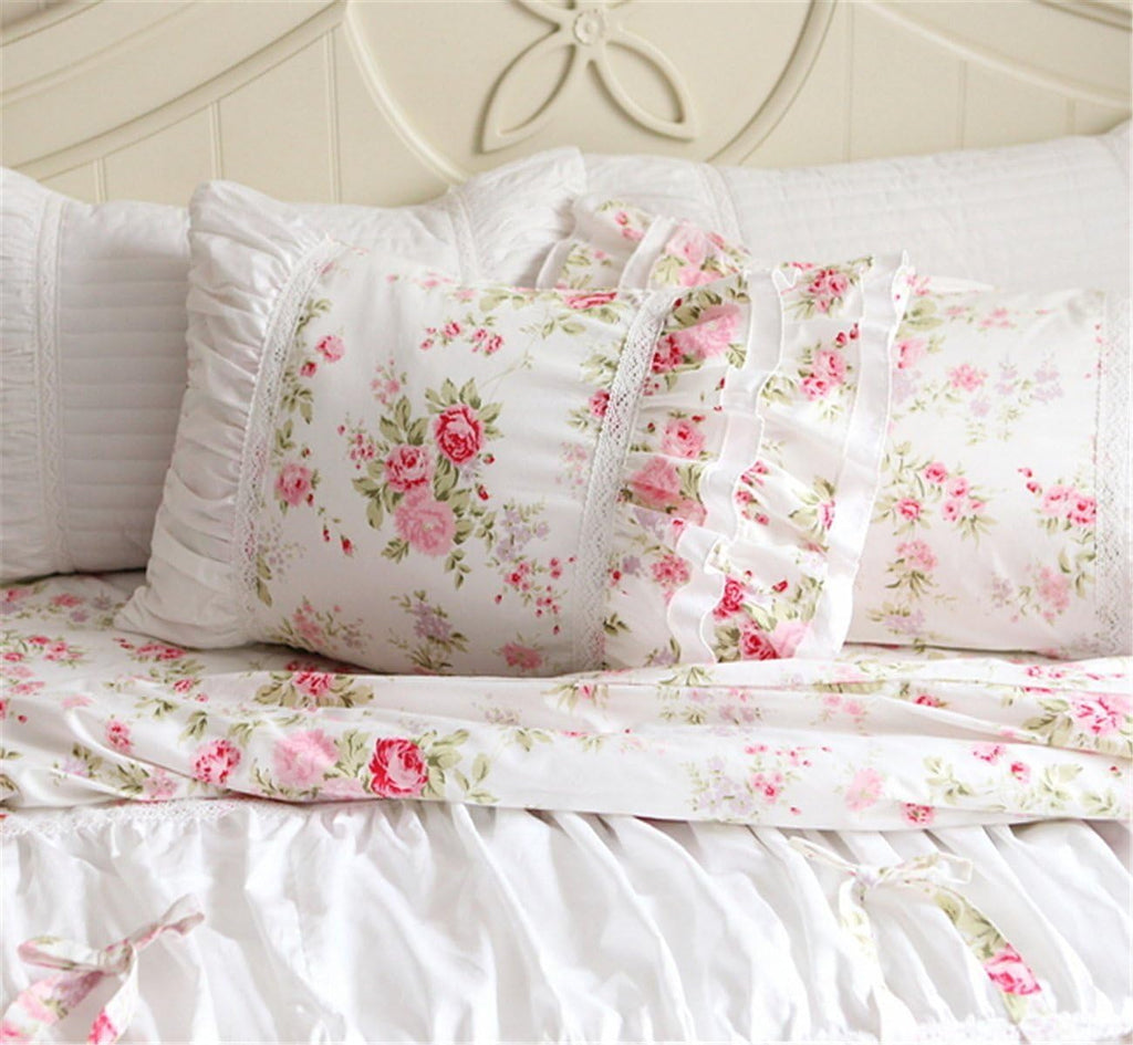 FADFAY Cotton Bedding,Shabby Rose Floral Print Bedding Set,Elegant Country Style Vintage Ruffles Duvet Cover Bed Sets with Lace King Size