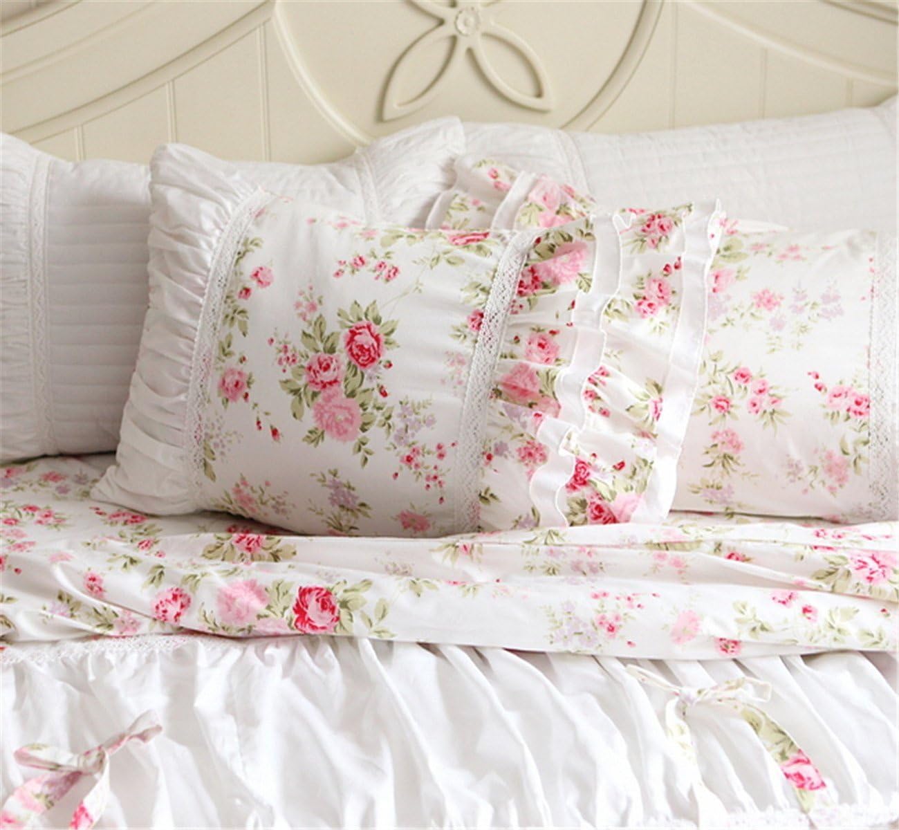 FADFAY Cotton Bedding,Shabby Rose Floral Print Bedding Set,Elegant Country Style Vintage Ruffles Duvet Cover Bed Sets with Lace King Size