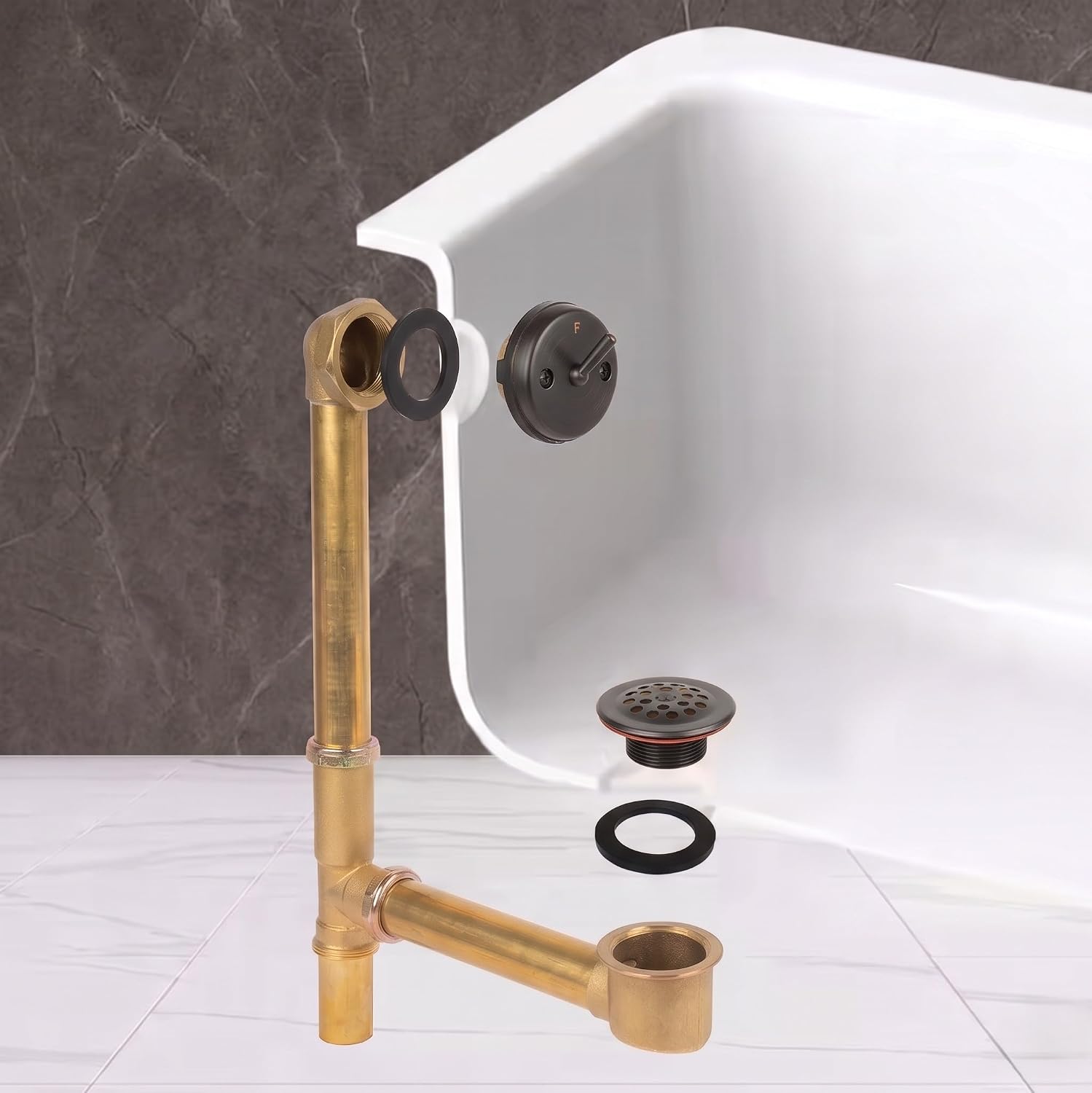 Fine Fixtures Bathtub Shower Drain - 20 Gauge Brass Tubing, Trip Lever Overflow Assembly Tub Drain Kit - Antique Bronze